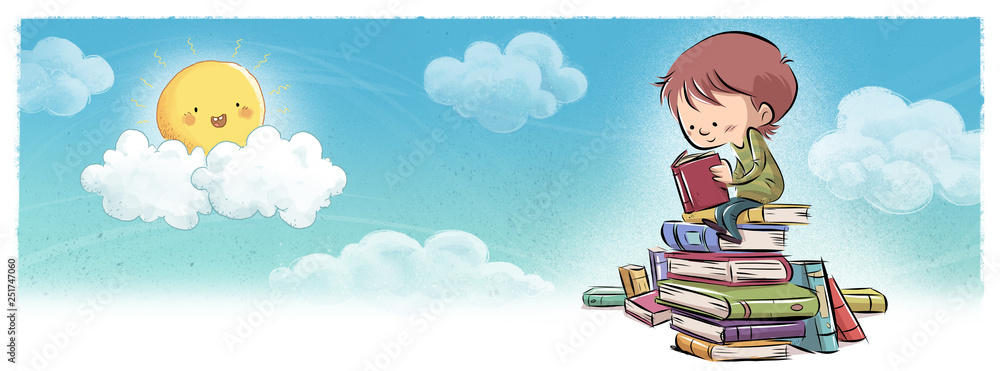 niño leyendo libros en el cielo niño leyendo libros en el cielo