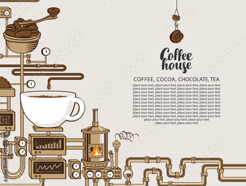 Vector banner on coffee theme with a cup of freshly brewed drink, plant with conveyor coffee production, inscription Coffee House and place for text in retro style. Decorative coffee maker