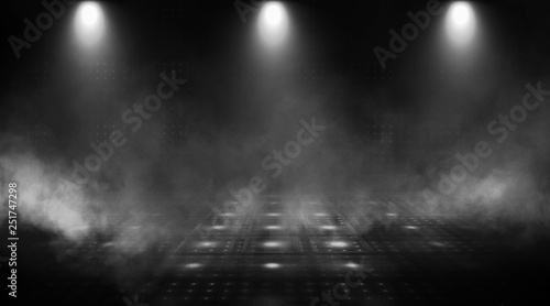 Dark empty scene, neon searchlight light, wet asphalt, smoke, night view, rays. Abstract light in the dark.
