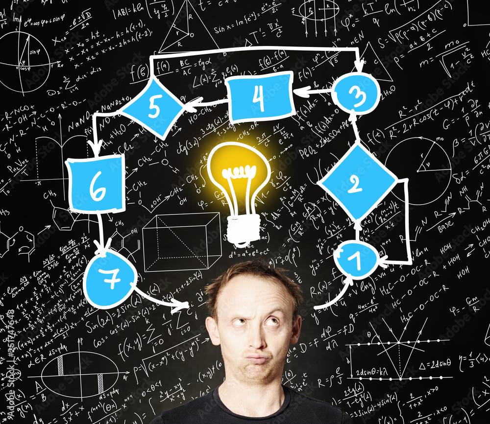 Man student with hand drawing lightbulb and algorithm on blackboard science background. Education, logic, student exam and brainstorm concept Man student with hand drawing lightbulb and algorithm on blackboard science background. Education, logic, student exam and brainstorm concept