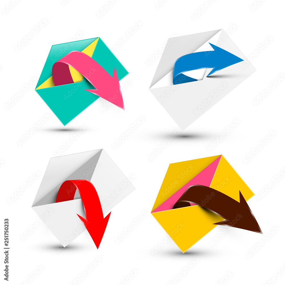 Open Envelopes with Arrows Isolated on White Background. Vector Send Email Symbol. Open Envelopes with Arrows Isolated on White Background. Vector Send Email Symbol.