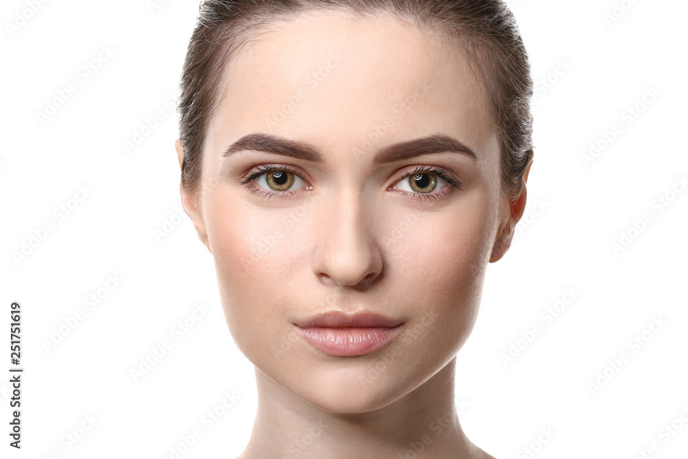 Young woman with beautiful eyebrows on white background Young woman with beautiful eyebrows on white background
