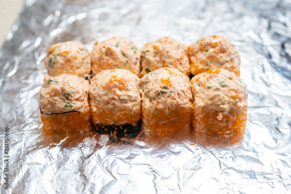 Japanese baked roll . Baking roll. Plate for roasting rolls