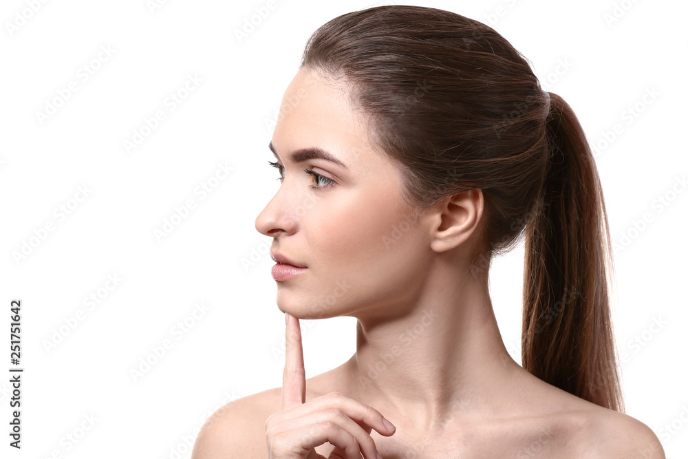 Young woman with beautiful eyebrows on white background Young woman with beautiful eyebrows on white background