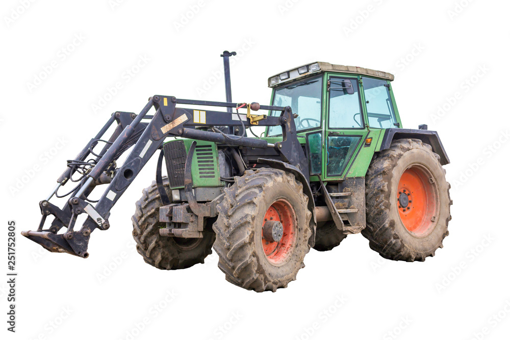 General view of a powerful tractor designed for various works on a country farm. Closed saloon, red wheels. Isolated photo.Equipment for a dairy farm. General view of a powerful tractor designed for various works on a country farm. Closed saloon, red wheels. Isolated photo.Equipment for a dairy farm.