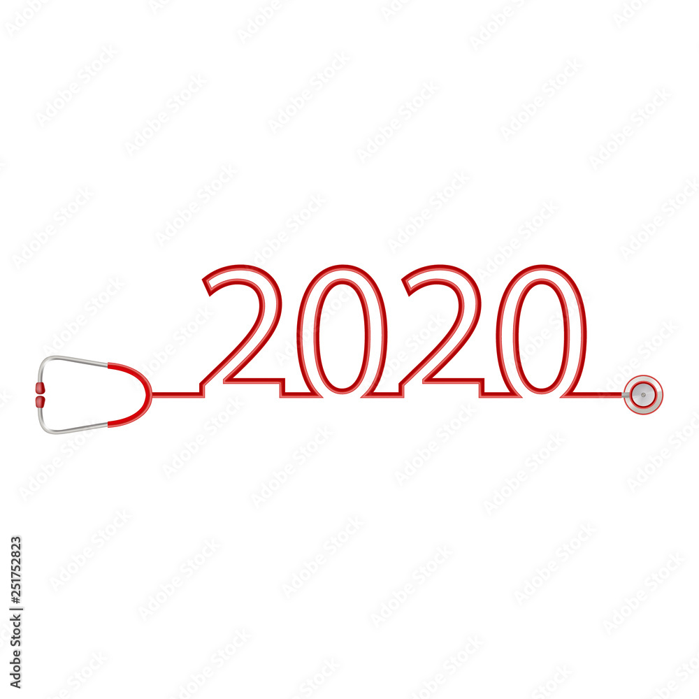 Healthcare and medical concept stethoscope shape 2020 checkup for happy and healthy new year. wishing you stay in good health. vector illustration