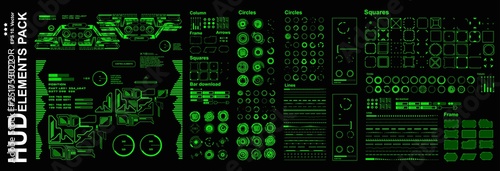 HUD elements mega set pack. Dashboard green display virtual reality technology screen.