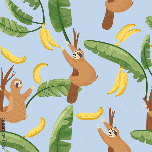 Seamless pattern with cute lazy sloths and exotic palm banana leaf. Vector jungle floral background for textile, postcard, wrapping paper, cover, t-shirt.