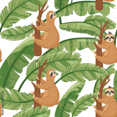 Seamless pattern with cute lazy sloths and exotic palm banana leaf. Vector jungle floral background for textile, postcard, wrapping paper, cover, t-shirt.