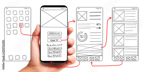 UI development. Male hand holding smartphone with wireframed user interface screen prototypes of a mobile application on white background. photo