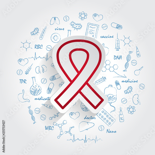 Awareness Ribbon icon and handdrawn healthcare doodles background. Vector