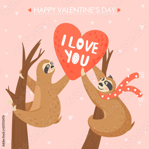 Valentine's day card with sloths in love. Happy couple of animal with valentines. Sloth giving other sloth a big heart. Vector illustration.