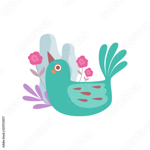 Cute Little Green Nesting Bird  Symbol of Spring Vector Illustration