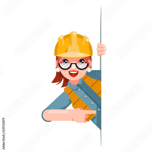 Foreman woman worker professional builder engineer look out corner promotion pointing finger cartoon female character design vector illustration