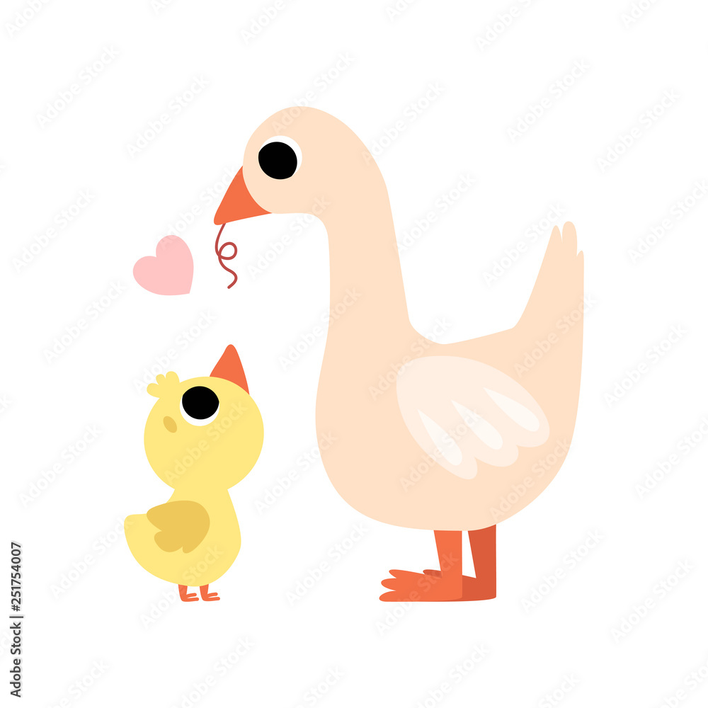 Fototapeta premium Mother Goose Feeding her Gosling, Cute Farm Birds Family Vector Illustration on White Background. Vector Illustration