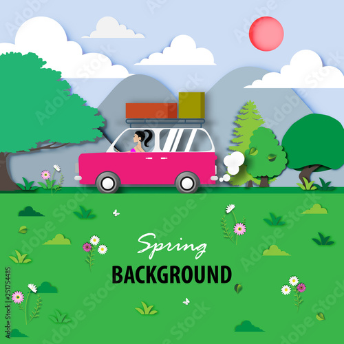 Spring background with paper art design vector and illustration 001