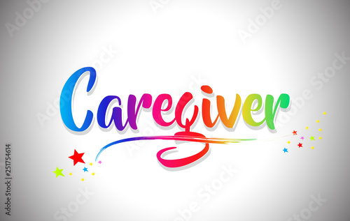 Caregiver Handwritten Word Text with Rainbow Colors and Vibrant Swoosh.