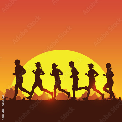 Silhouette of people running marathon at sunrise, Vector