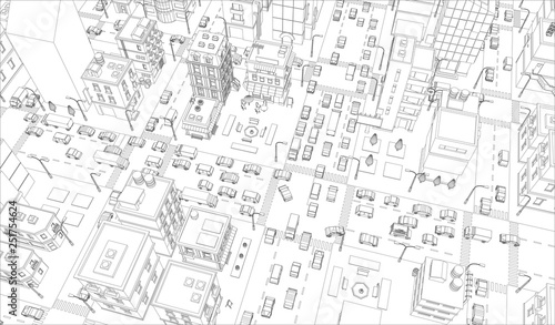 Vector city streets Intersection outline. Buildings and road traffic top view. Gray lines outline contour style background. Town high detailed.