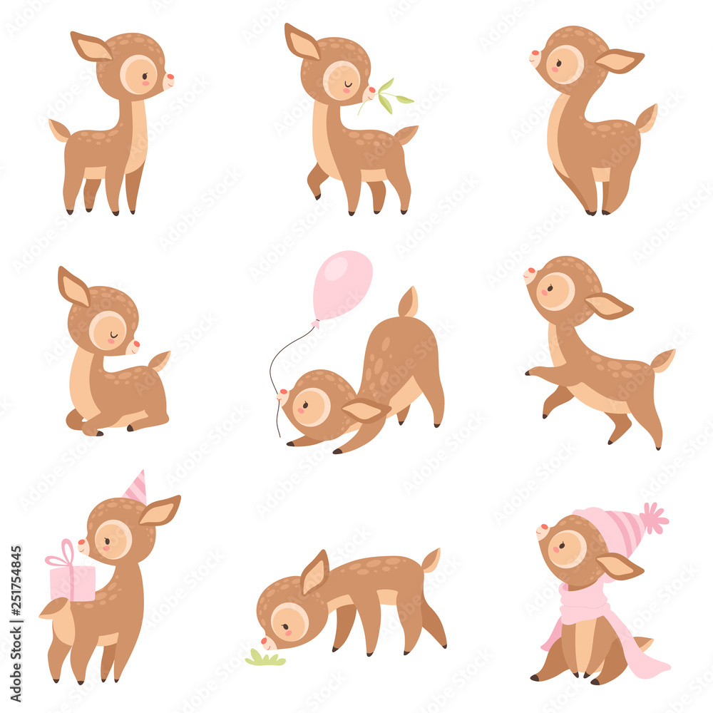 Naklejka premium Cute Baby Deer, śliczny brązowy leśny w różnych sytuacjach zestaw ilustracji wektorowych