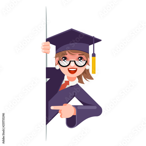 Graduate girl look out corner promotion pointing finger student female cartoon woman character design graduation cap scroll vector illustrator