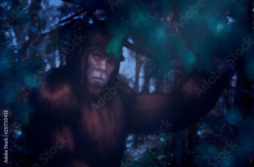 Bigfoot night hiding in the woods.