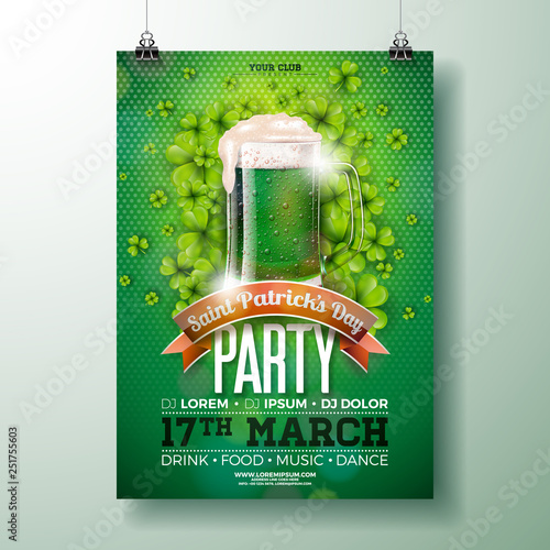 Saint Patrick's Day Party Flyer Illustration with Green Beer and Clover on Abstract Background. Vector Irish Lucky Holiday Design for Celebration Poster, Banner or Invitation.