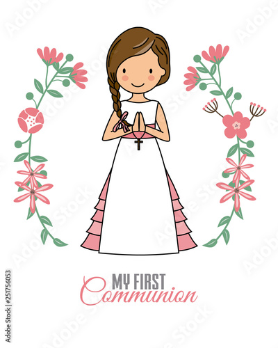 Girl communion card. Child in flower frame