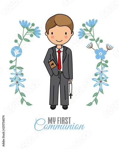 Boy communion card. Child in flower frame