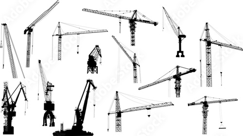 set of fourteen industrial cranes isolated on white