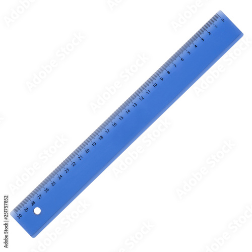 blue plastic ruler for left-handers, on a white background, isolate photo