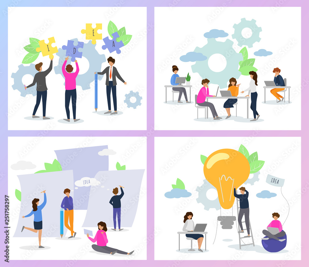 Creative people vector man woman character working together at office illustration set of teamwork ideas brainstorming team creating project design on meeting isolated on background