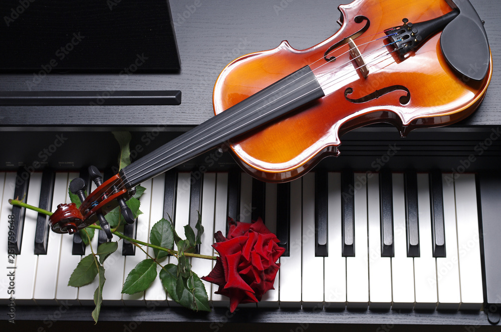 Fototapeta premium Violin, rose and keyboard synthesizer