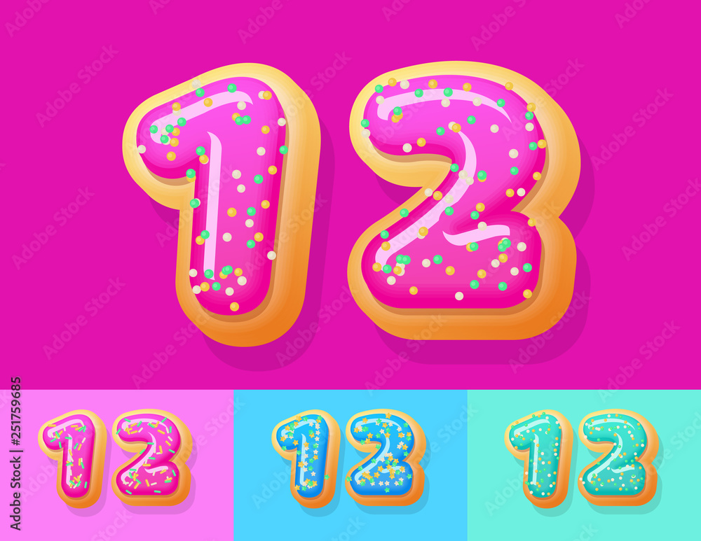 Vector tasty Donut Alphabet set. Font with different Colors option. Number 12 Vector tasty Donut Alphabet set. Font with different Colors option. Number 12