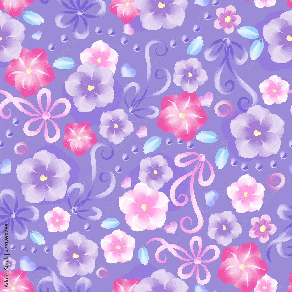 Watercolor flower trendy pattern. Summer floral  with violets and pink ribbon. For Template greeting card, wedding invitation banner with spring flowers.