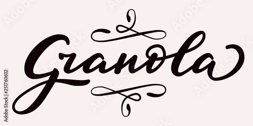 Granola - hand lettering with flourish elements. Black inscription on light background. Vector illustration.
