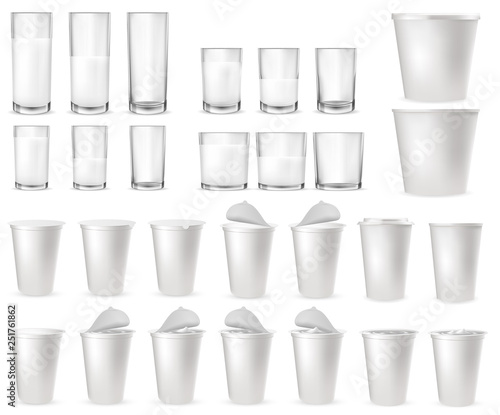 Realistic glass glasses, plastic cups, packages.
