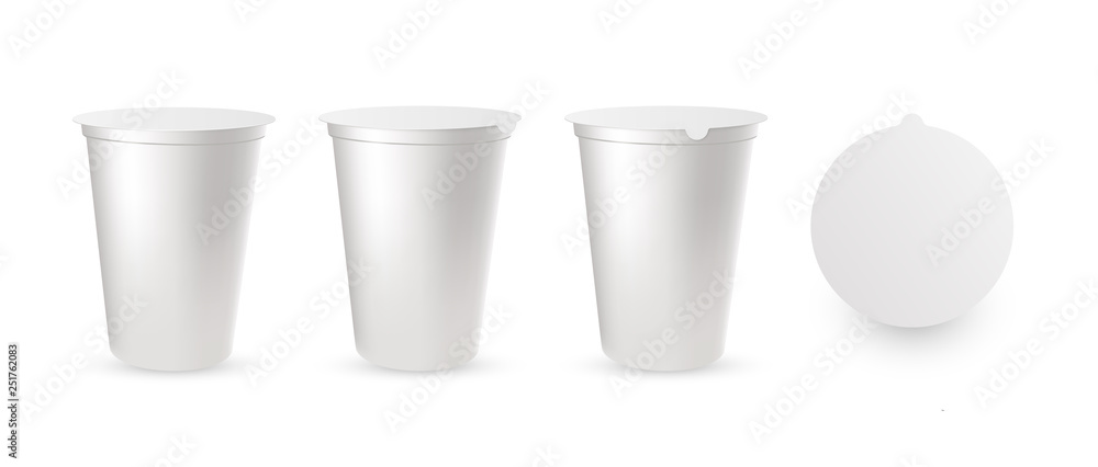 Realistic plastic packages for yogurt with foil lid, cap. Realistic plastic packages for yogurt with foil lid, cap.