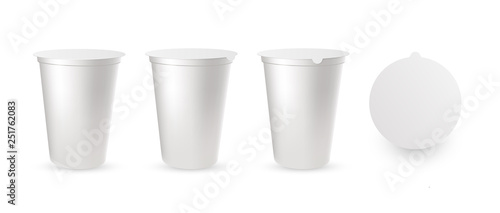 Realistic plastic packages for yogurt with foil lid, cap.