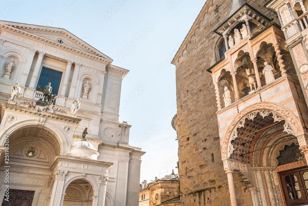 Portals and facades. Entrances to the Roman Catholic Diocese of Bergamo and Basilica of Santa Maria Maggiore Cappella Colleoni.