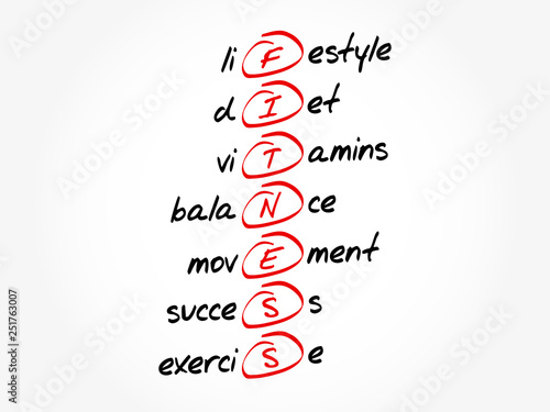 FITNESS - Lifestyle diet vitamins balance movement success exercise acronym, health concept background