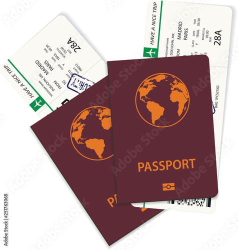 Vector green airline passenger and boarding pass tickets inside international passport. Boarding pass tickets nedd for travel by plane photo