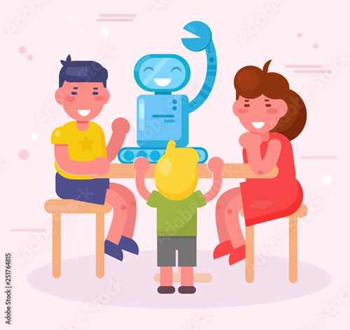 Kids assemble the robot Vector. Cartoon. Isolated art