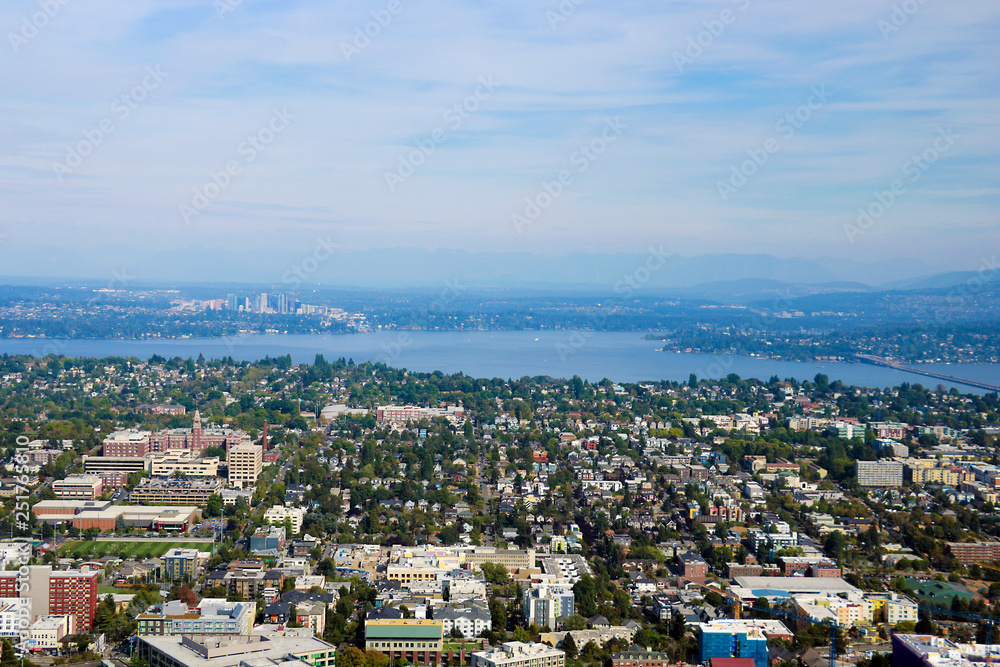 Seattle, USA, August 31, 2018: Seattle cityscape panoramic aerial view.
