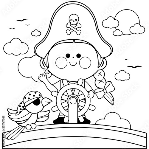 Pirate girl captain sailing on a pirate ship with a parrot. Vector black and white coloring page