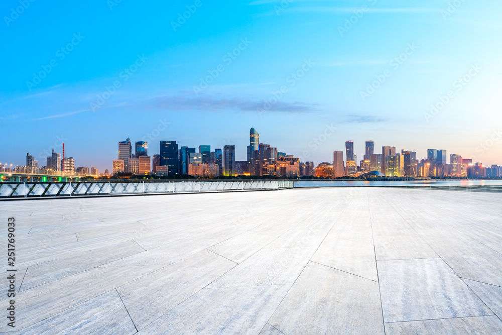 Hangzhou beautiful city scenery and empty floor at sunrise Hangzhou beautiful city scenery and empty floor at sunrise