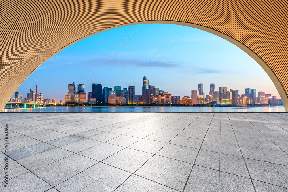 Hangzhou beautiful city scenery and empty floor at sunrise Hangzhou beautiful city scenery and empty floor at sunrise