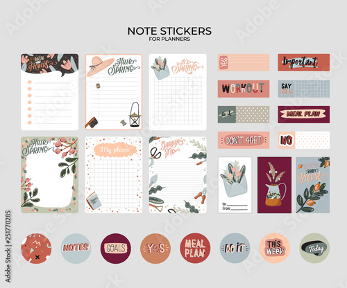 Set of planners and to do lists with spring floral scandinavian illustrations and trendy lettering. Template for agenda, planners, check lists, and other stationery. Isolated. Vector background