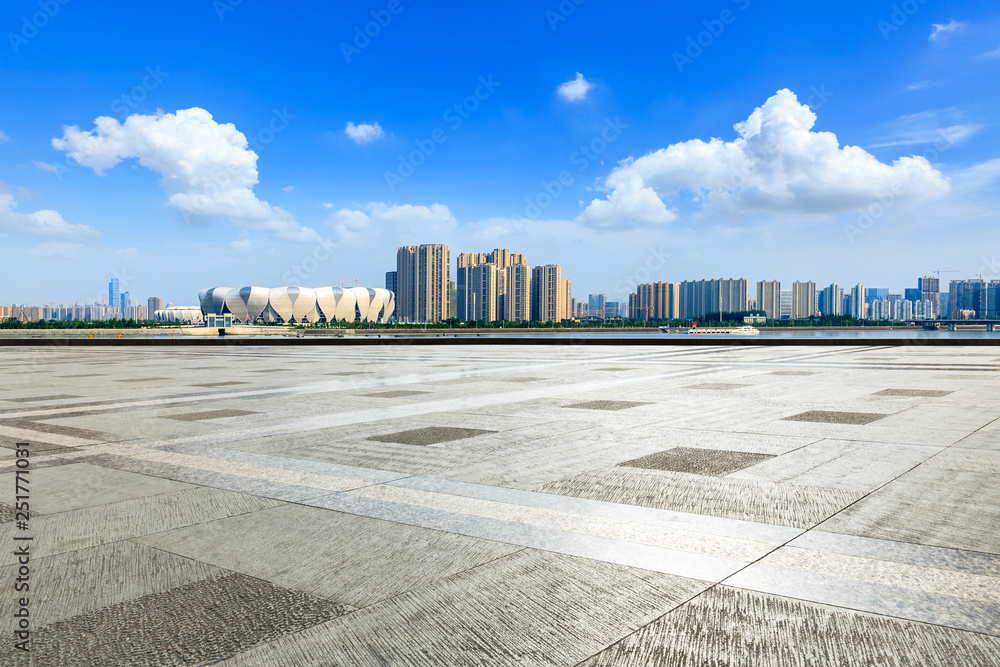 Beautiful Hangzhou city skyline panoramic and empty square floor
