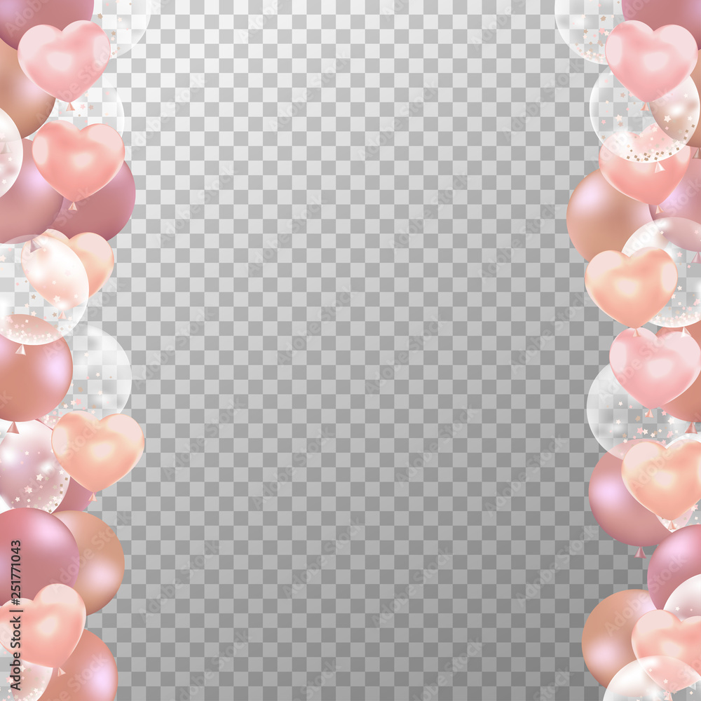 Realistic Rose gold balloons frame with transparent background. Party
